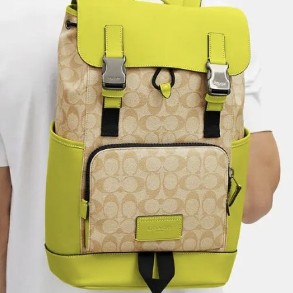 NEW Unisex* COACH Lime Green Classic Signature Beige COLORBLOCK BACKPACK
